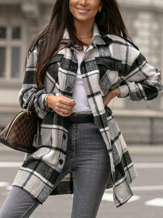 Pocketed Plaid Button Up Dropped Shoulder Shacket Divacious