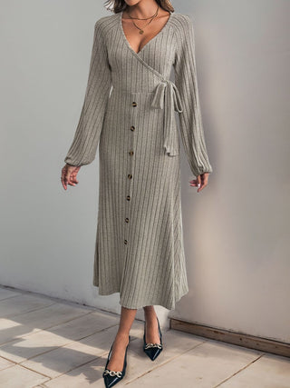 Ribbed Tied Surplice Long Sleeve Dress - Divacious