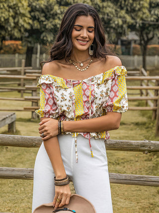 Ruffled Printed Off-Shoulder Short Sleeve Blouse Divacious