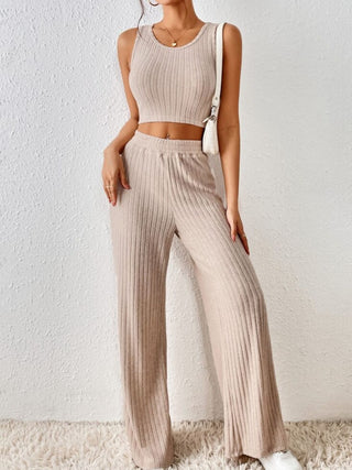 Ribbed Round Neck Tank and Pants Sweater Set Trendsi