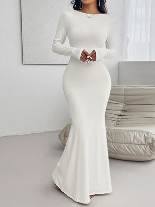 Devine Backless Round Neck Long Sleeve Maxi Dress Trendsi