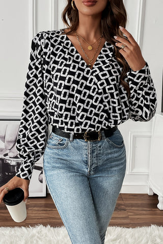 Geometric V-Neck Long Sleeve Blouse Divacious