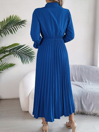 Pleated Half Button Long Sleeve Midi Dress Trendsi