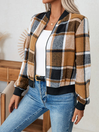 Plaid Zip Up Long Sleeve Jacket Divacious