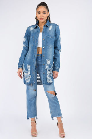 Distressed Button Down Denim Shirt Jacket Divacious