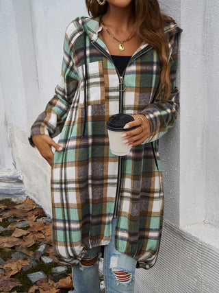 Plaid Zip Up Hooded Coat Divacious