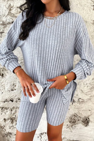 Ribbed Round Neck Dropped Shoulder Top and Shorts Set - Divacious