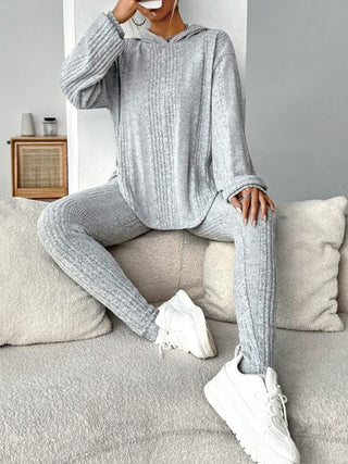 Round Neck Dropped Shoulder Hoodie and Pants Set Trendsi