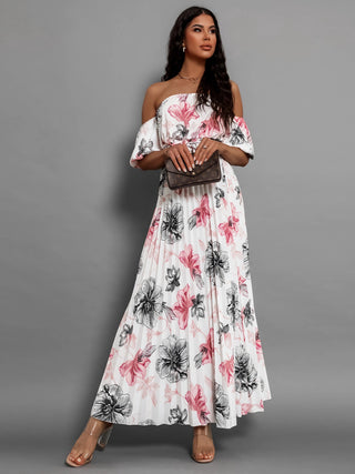 Pleated Floral Off-Shoulder Short Sleeve Midi Dress Trendsi