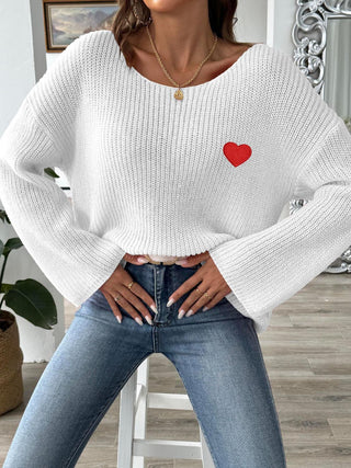 Heart Boat Neck Dropped Shoulder Sweater - Divacious