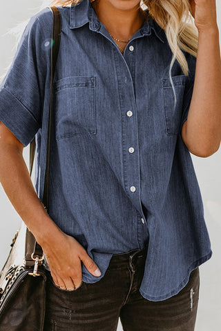 Pocketed Button Up Short Sleeve Denim Shirt Divacious