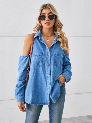 Cold Shoulder Pocketed Button Up Denim Jacket Divacious