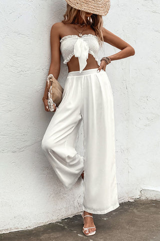 Shiny Smocked Tube Top and Wide Leg Pants Set Trendsi