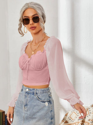 Mesh Sweetheart Neck Flounce Sleeve Top Divacious