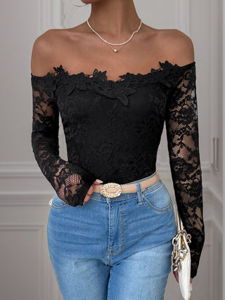 Lace Off-Shoulder Long Sleeve Bodysuit - Divacious