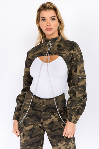 American Bazi Camouflage Cropped Jacket with Chains Trendsi