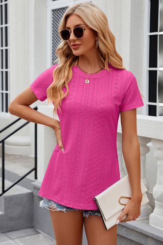 Eyelet Slit Round Neck Short Sleeve T-Shirt Divacious