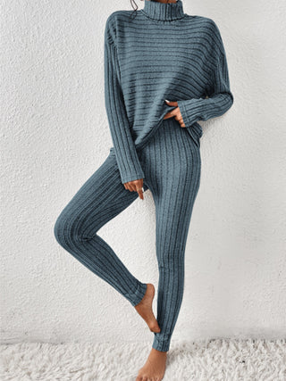 Ribbed Turtleneck Top and Pants Set Trendsi