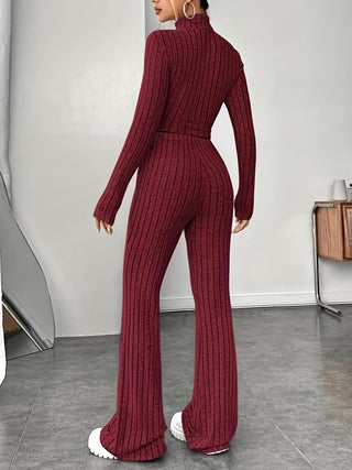 Ribbed Mock Neck Long Sleeve Top and Pants Set Trendsi