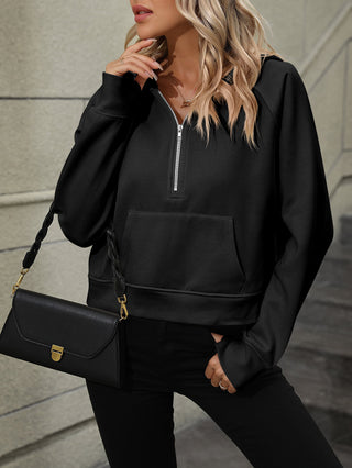 Raglan Sleeve Zip-Up Hoodie with Pocket Divacious