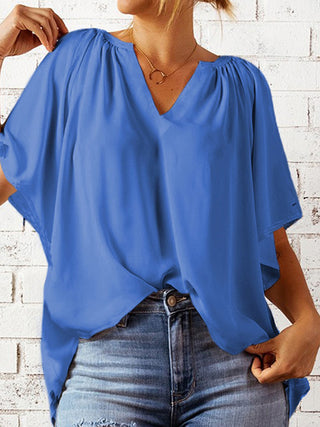 Ruched Notched Half Sleeve Blouse Divacious