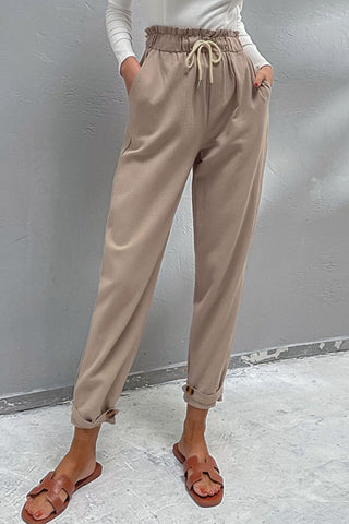 Drawstring Paperbag Waist Button Detail Pants Divacious