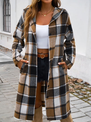 Plaid Long Sleeve Hooded Coat Divacious