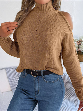 Cable-Knit Turtleneck Cold Shoulder Sweater Divacious