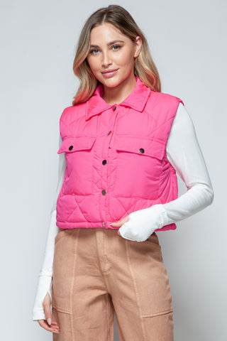 Snobbish Snap Down Quilted Crop Vest Trendsi