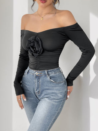 Ruched Flower Off-Shoulder Long Sleeve Bodysuit - Divacious