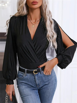 Surplice Slit Long Sleeve Bodysuit - Divacious