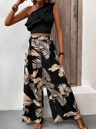 Honey Ruffled Sleeveless Top and Printed Pants Set Trendsi