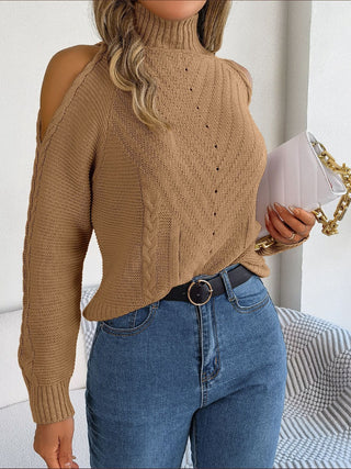 Cable-Knit Turtleneck Cold Shoulder Sweater Divacious