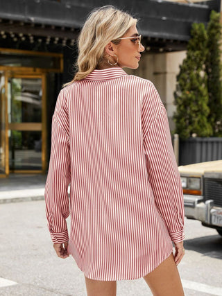 Pocketed Striped Collared Neck Long Sleeve Shirt Divacious