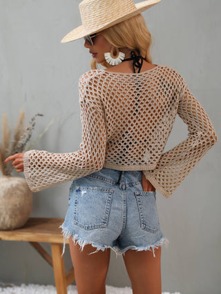 Openwork Flare Sleeve Cropped Cover Up Divacious