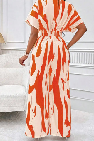 Printed V-Neck Short Sleeve Wide Leg Jumpsuit Divacious