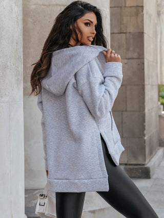 Zip-Up Slit Hoodie with Pockets Divacious