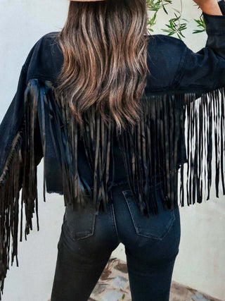 Fringe Button Up Long Sleeve Denim Jacket Divacious