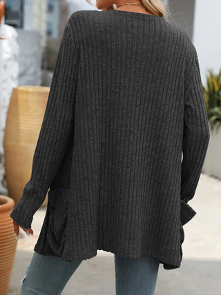 Open Front Long Sleeve Ribbed Cardigan Divacious