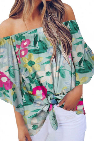 Tied Printed Off-Shoulder Half Sleeve Blouse Divacious