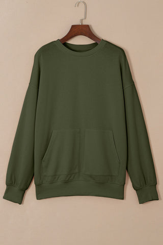 Pocketed Round Neck Dropped Shoulder Sweatshirt Divacious