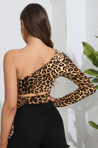 Leopard Cutout One-Shoulder Cropped Top Divacious