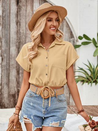 Drawstring Pocketed Collared Neck Short Sleeve Shirt Divacious