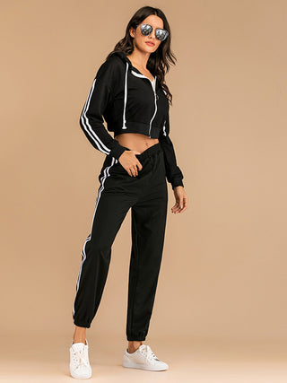 Drawstring Side Stripe Zip Up Hooded Top and Pants Set - Divacious