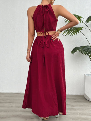 Devine Grecian Neck Top and Slit Skirt Set Trendsi