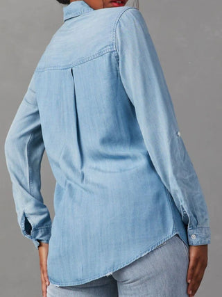 Collared Neck Roll-Tab Sleeve Denim Top - Divacious