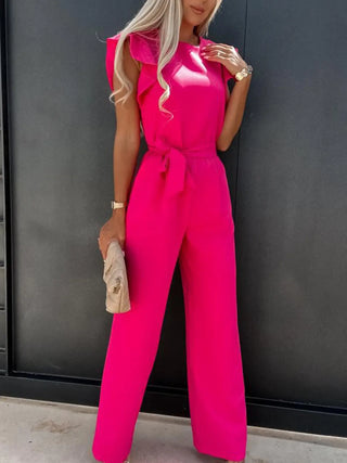 Ruffled Round Neck Cap Sleeve Jumpsuit Divacious