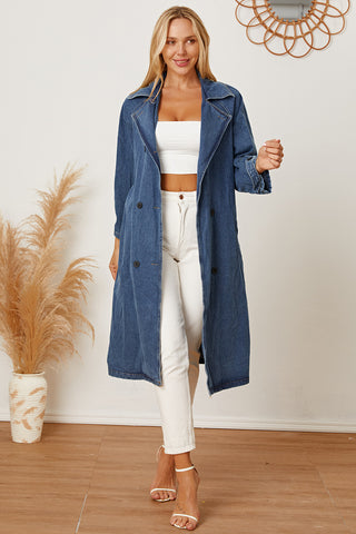 Double-Breasted Belted Longline Denim Jacket Divacious