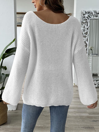 Heart Boat Neck Dropped Shoulder Sweater - Divacious