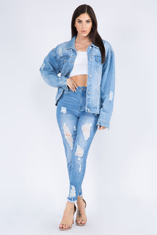 Full Size Painted Back Distressed Denim Jacket Divacious